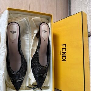 Fendi Black Embellished Pointed-Toe Mules